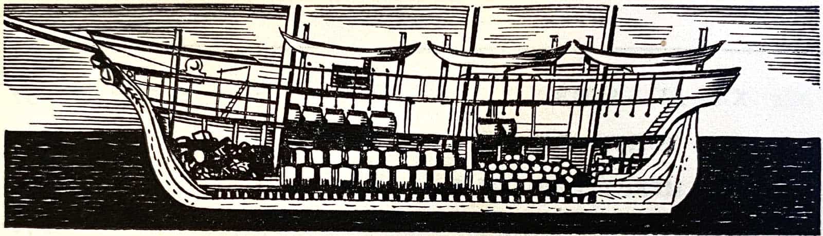 Illustration of a side view deck plan of the Bounty