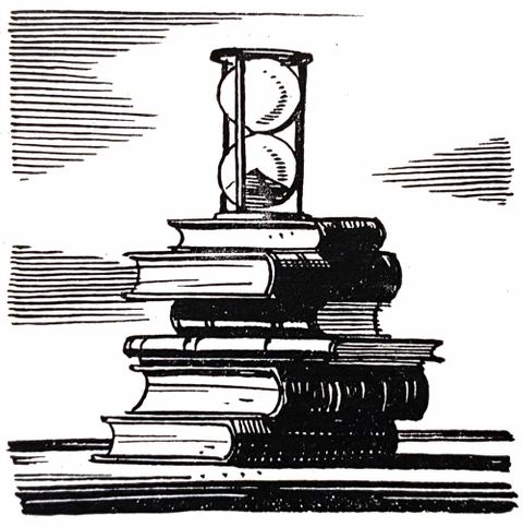 Illustration of a stack of books with an hourglass on top