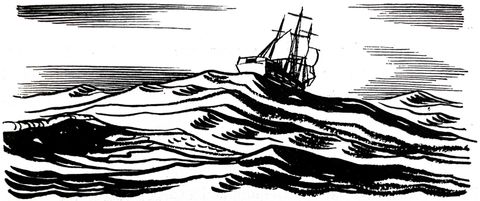 Ship cresting a wave sailing away at sea